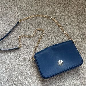 Tory Burch Chain and Leather Strap Crossbody, Blue and Gold